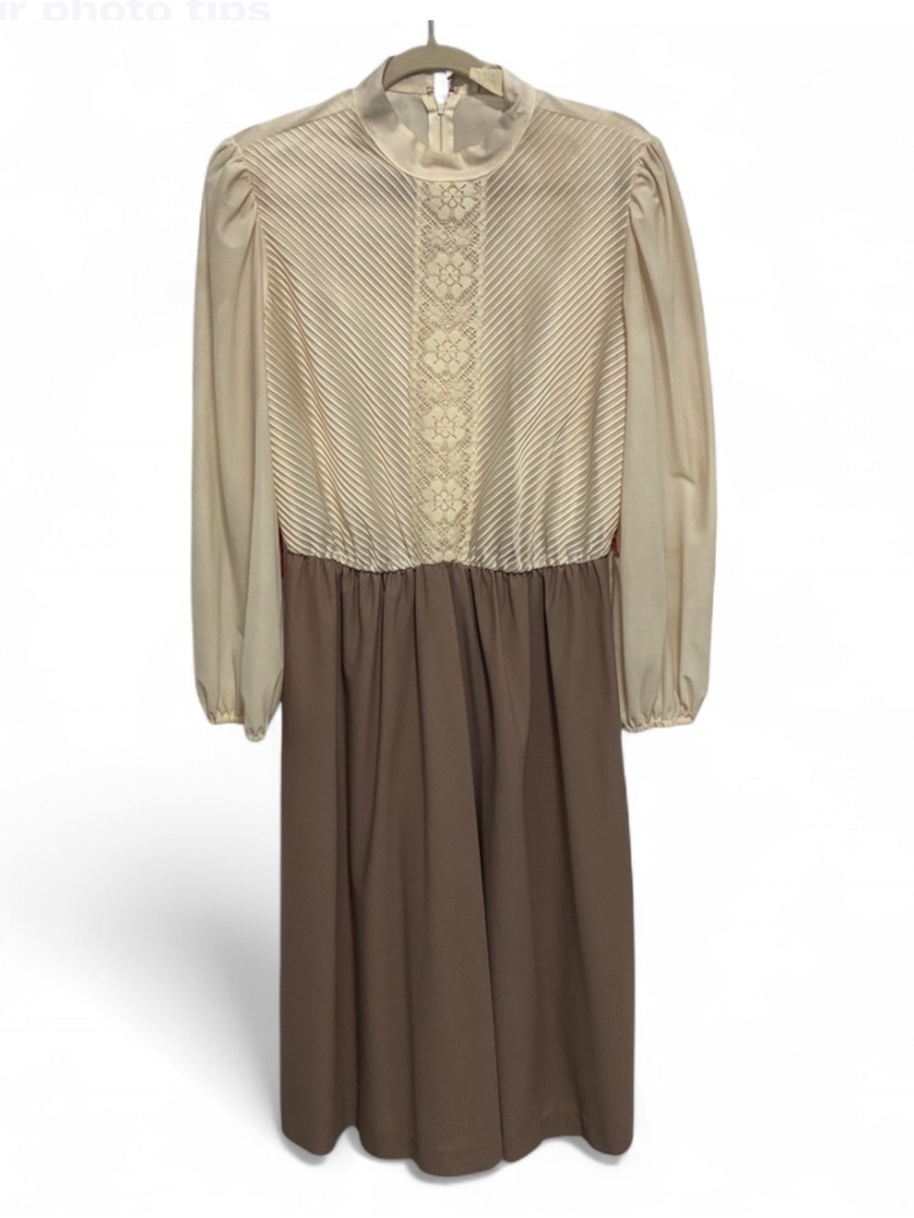 VintageTwo-Tone Cream and Brown Long-Sleeve Midi Dress
